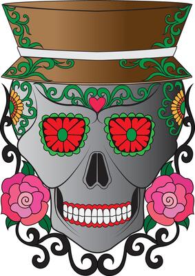 Decorated skull with floral top hat. This artistic skull illustration features a brown top hat adorned with intricate green floral designs and a white band, giving it a refined yet festive look.