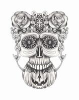 Floral sugar skull with pumpkin elements. This black-and-white illustration combines the elegance of Day of the Dead sugar skull motifs with Halloween-inspired elements. vector