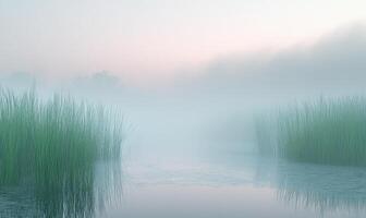 A foggy morning with a lake in the background photo