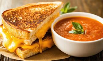 A bowl of tomato soup sits next to a grilled cheese sandwich photo