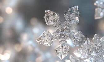 A snowflake is shown in a blurry background with a white background photo