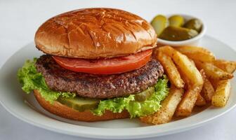 A hamburger with a tomato and lettuce on top of a bun photo