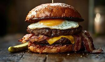 A large burger with bacon, cheese, and an egg on top photo