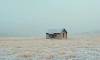 A small, old house sits in a field of snow photo