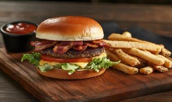 A hamburger with bacon photo