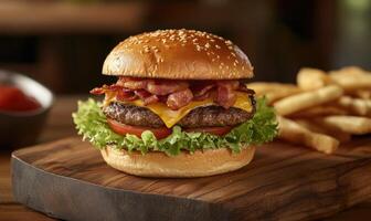 A hamburger with bacon and cheese on a bun sits on a wooden cutting board photo