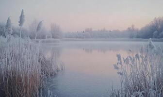 A frozen lake with a snowy field in the background photo