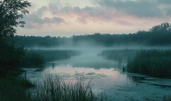 A foggy, misty morning in a marshy area with a river running through it photo