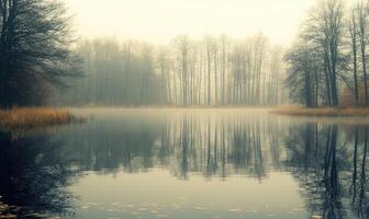 A lake with trees in the background and a foggy sky photo