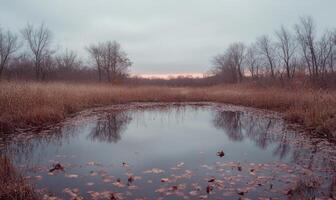 A pond with a few trees in the background photo