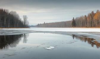 A lake with a snowy bank and trees in the background photo