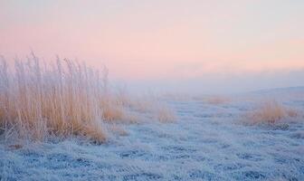 A field of snow covered grass with a pink sky in the background photo