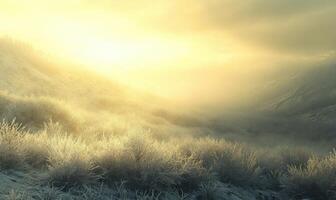 A snowy field with a bright sun in the sky photo
