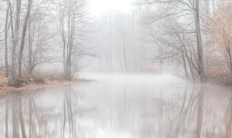 A foggy forest with a river running through it photo