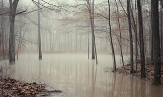 A forest with a lake of murky water photo