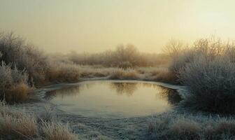 A frozen pond with trees in the background photo