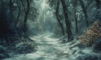 A snowy forest path with trees in the background photo