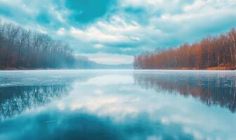 A lake with a cloudy sky in the background photo