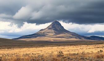 A mountain is in the background of a cloudy sky photo