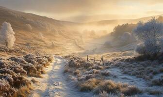 A snowy field with a path through it photo