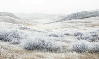 A snowy field with a few trees in the foreground photo