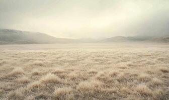 A field of grass is covered in frost and the sky is cloudy photo