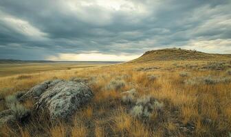 A rocky, dry field with a cloudy sky in the background photo