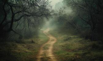 A path through a forest with trees and rain photo