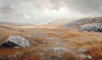 A desolate, rocky field with a cloudy sky in the background photo