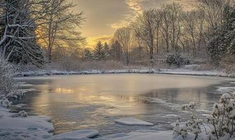 A frozen lake with trees in the background photo