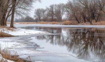 A snowy landscape with a frozen river and trees photo
