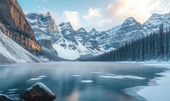 A beautiful mountain range with a lake in the foreground photo