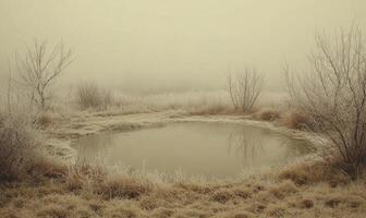 A pond with a few trees in the background photo
