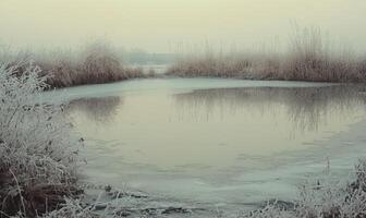 A frozen pond with a few trees in the background photo