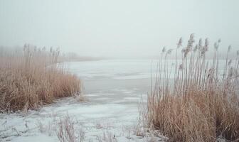 A snowy field with a body of water and tall grass photo