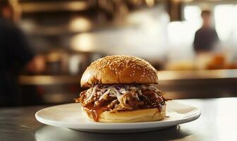 A plate with a pulled pork sandwich on it photo