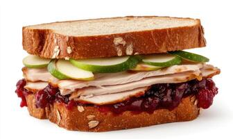 A turkey sandwich with apples and cranberry sauce photo