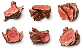 A close up of six different cuts of meat, all of which are red photo