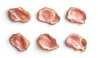 A close up of six slices of bacon, each with a different amount of fat photo