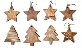 A collection of wooden stars and trees are hanging from a string photo