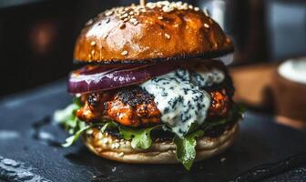 A burger with a slice of onion and a dollop of blue cheese photo