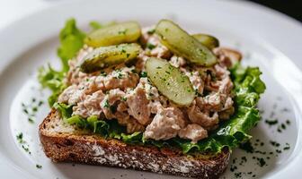 A sandwich with meat and pickles on a white plate photo