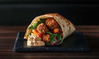 A wrap of food with a side of sauce on a wooden table photo