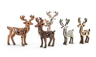 A group of wooden deer are standing in a row photo