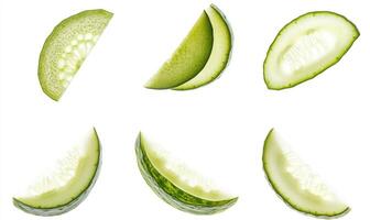 A close up of six slices of cucumber photo