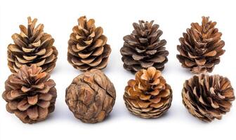 A row of pine cones with some of them being brown and others being green photo