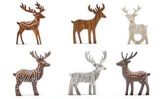 A collection of wooden deer with different patterns and colors photo