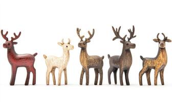 A row of wooden deer with different colored antlers photo