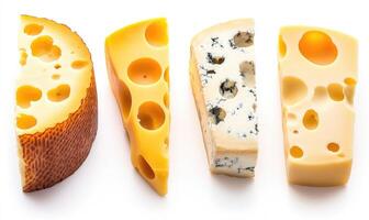 Four different types of cheese are shown, including a yellow cheese with holes photo