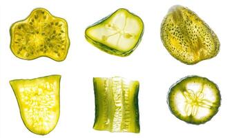 Six different slices of cucumber, each with a unique shape and texture photo
